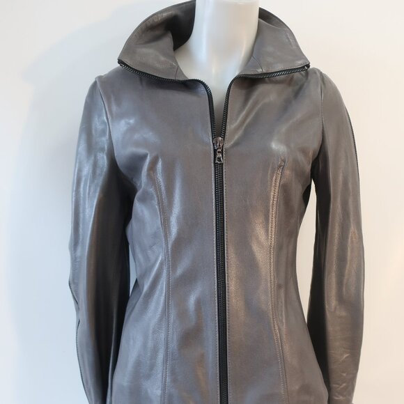 Womens Shari's Place Gray Black Zipper Motif Leather Jacket 8 - Picture 6 of 16